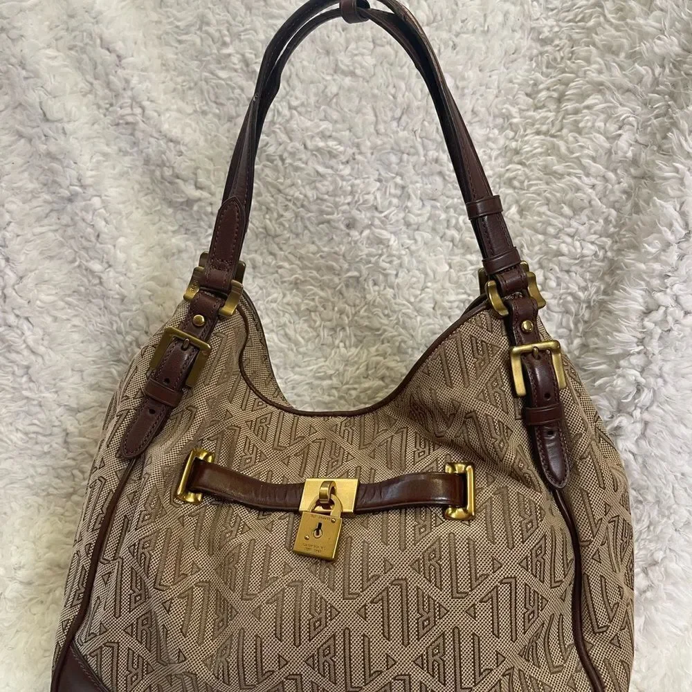 Ralph Lauren Logo Canvas khaki & brown Leather trims Hobo Bag brass hardwares.